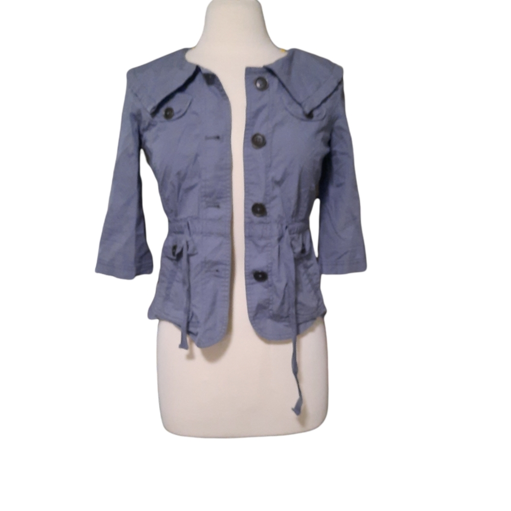 Casual Loft XSP Button Front Collared Coat Jacket Blue Cotton Drawstring…